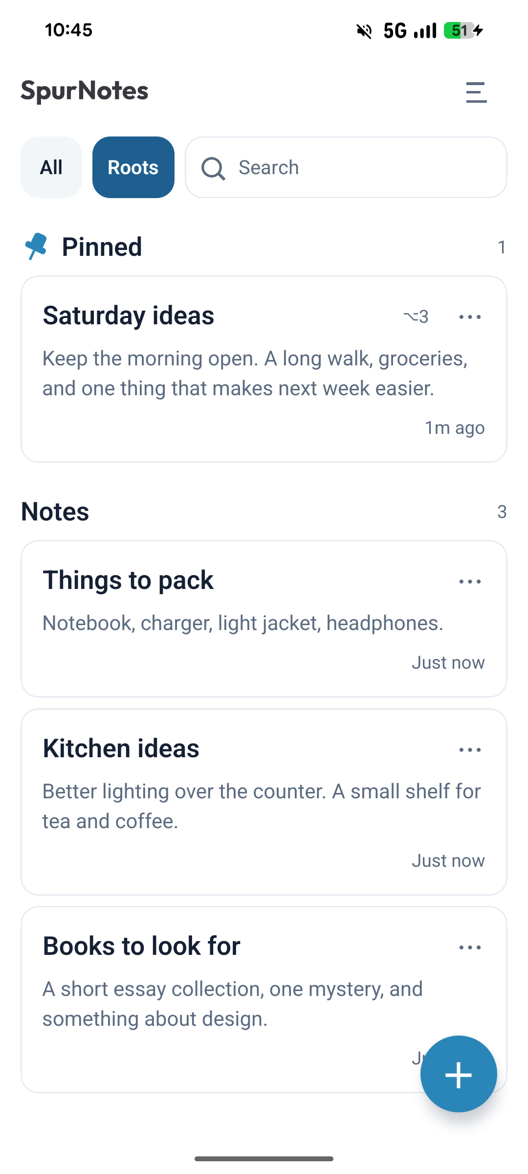 Spur Notes home screen with notes